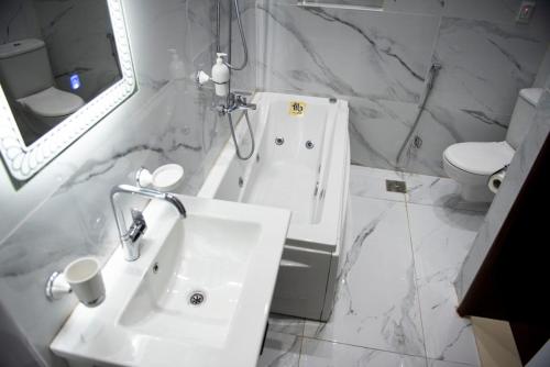 a white bathroom with a sink and a toilet at lotus view El tahrir in Cairo