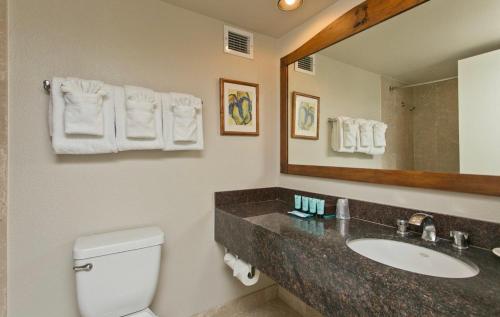 une salle de bain avec un lavabo, des toilettes et un miroir dans l'établissement Luana Waikiki, à Honolulu