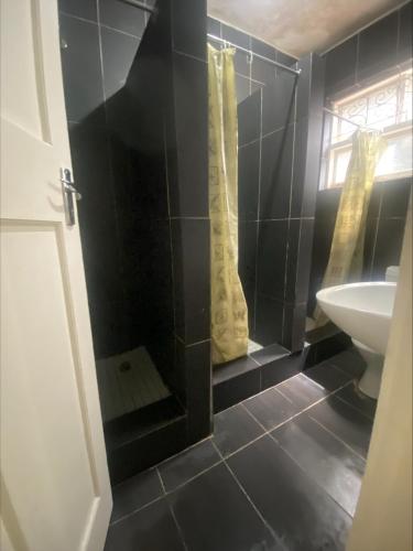 a bathroom with a shower and a toilet and a sink at Back Packer Style in Durban