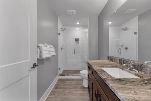 a bathroom with a sink and a toilet and a shower at Cozy Birmingham Retreat in Birmingham