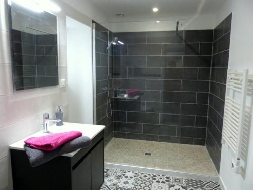 ein Badezimmer mit einem Waschbecken und einer Dusche mit einem rosa Handtuch in der Unterkunft Maison typique à Broût-Vernet avec animaux admis - FR-1-489-68 in Broût-Vernet
