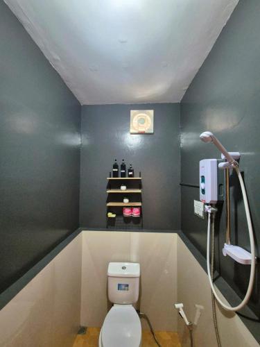 a bathroom with a toilet and a shelf of wine bottles at 88 Tourist Inn by Lagum Adventure in Coron