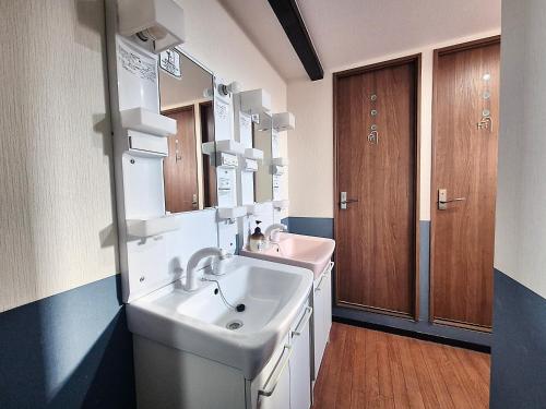 a bathroom with a sink and a mirror at Male-only dormitory Tokyo House INN in Tokyo