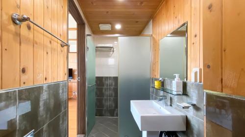 a bathroom with a sink and a mirror at Backpacker's Home in Seogwipo