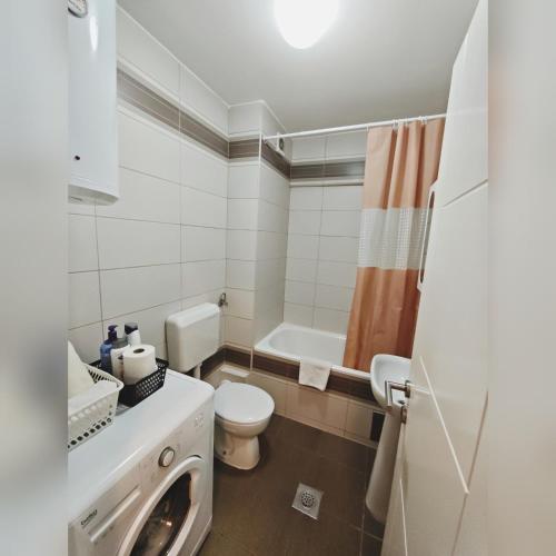 a white bathroom with a toilet and a sink at Apartman Luna lukavica in Lukavica