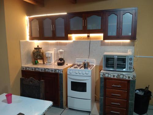 a kitchen with a stove and a microwave at Cabaña del bosque in San Cristóbal de Las Casas