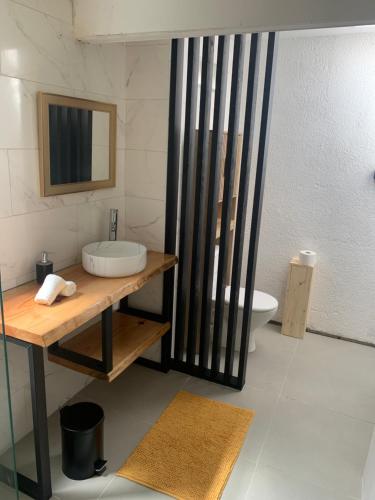 Un baño con lavabo, inodoro y espejo. en L horizon, en Ravine des Cabris