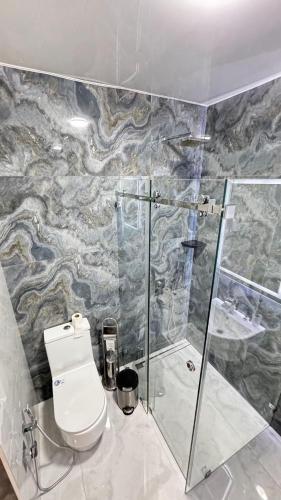 a bathroom with a toilet and a glass shower at Hotel Elegant in Andizhan