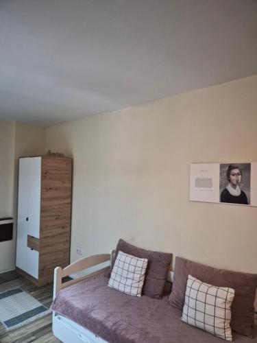 a living room with a purple couch in a room at Centar Novi Sad Studio No2 PARKING ON REQUEST in Novi Sad