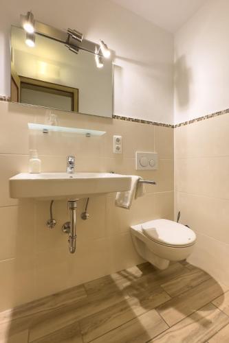 a bathroom with a sink and a toilet at Gasthof Alter Wirt in Bernau am Chiemsee