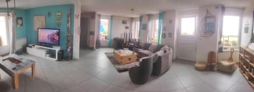 AudervilleにあるChambre phareのソファとテレビのあるリビングルーム