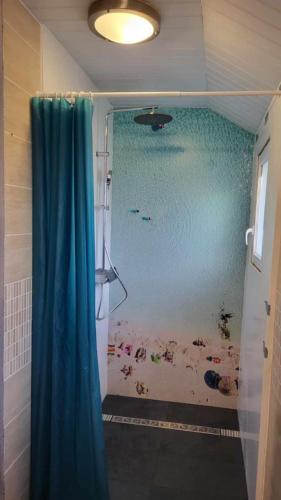 a bathroom with a shower with a painting of a beach at Chambre phare in Auderville