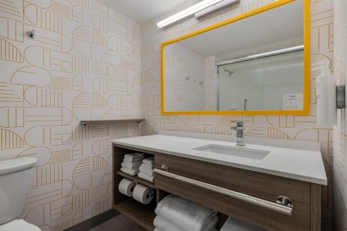 un baño con lavabo y espejo en Home2 Suites By Hilton Ames, en Ames
