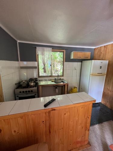 a kitchen with wooden cabinets and a counter top at Ancoa Lodge in Linares