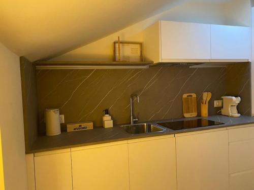 a kitchen with a sink and a counter top at Galatea LibroVI Apartamento con arte en sus muros in Alcalá de Henares