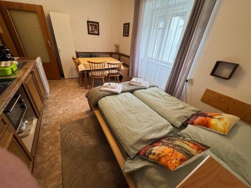 穆劳Steinadler apartman kertes ház csendes helyen saját parkolóval kutyabarát的一间卧室配有一张床和一张桌子及窗户