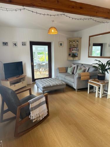 a living room with a couch and a tv at Cosy one bed cottage in Anglesey in Llanddyfnan