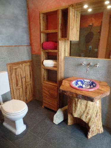 a bathroom with a toilet and a wooden table with a sink at Villa Desideri Agriturismo Dinoabbo in Lucinasco