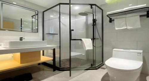 ein Badezimmer mit Dusche, Toilette und Waschbecken in der Unterkunft GreenTree Inn Hefei East Wangjiang Road CTCE Express Hotel in Hefei