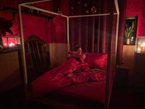 a woman laying in bed in a red bedroom at romantic house in Poelkapelle