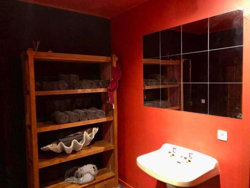 a bathroom with a sink and a mirror at Romantic house with hot tub in Poelkapelle