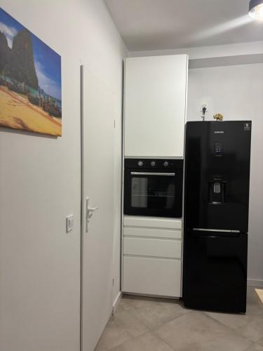 een keuken met een zwarte koelkast en een fornuis bij Elephant Studio in Wrocław