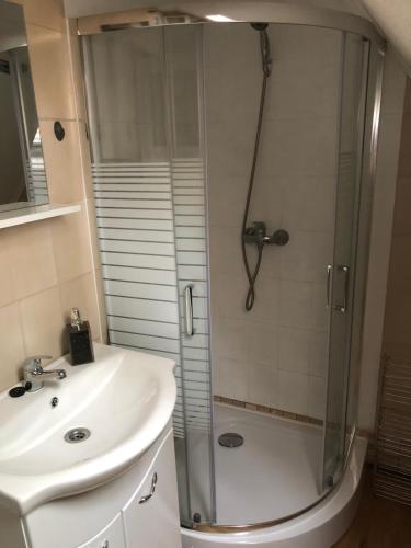 a bathroom with a shower and a sink at PäRLAN APARTMAN in Balatonboglár