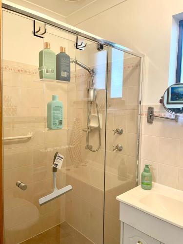 a bathroom with a shower with a glass door at Guest suite in Elizabeth North in Smithfield