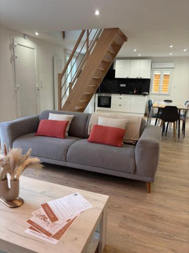 a living room with a grey couch with red pillows at Gîte du Haut-Plantais in Saint-Aubin-de-Terregatte