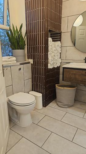 une salle de bains avec toilettes et lavabo dans l'établissement Nice apartment in Barnes, à Londres