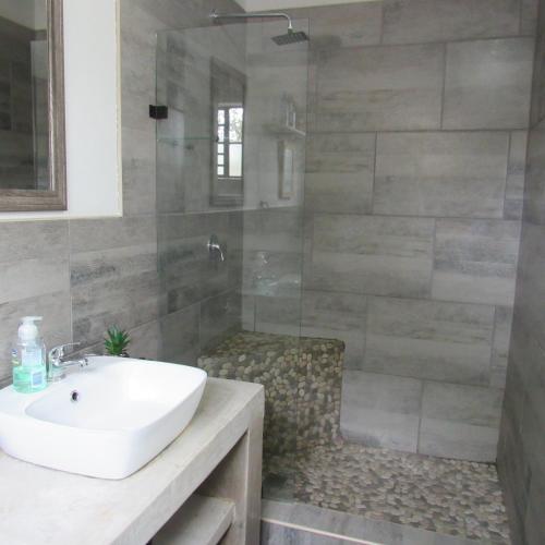a bathroom with a sink and a shower at Villa de Leeu, Perfect for Two in Marloth Park