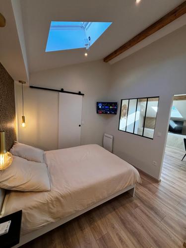 a bedroom with two beds and a skylight at Appartement cosy une chambre in Charnècles