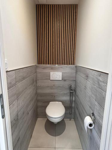 a small bathroom with a toilet in a room at Appartement cosy une chambre in Charnècles