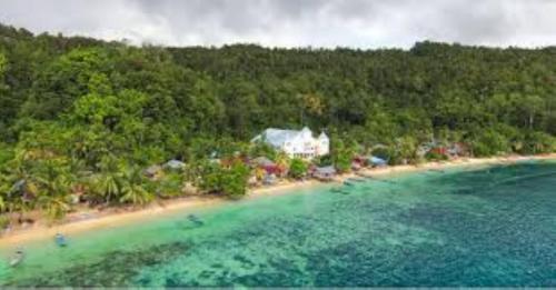 an aerial view of a beach with a house at "Saporkren Homestay Raja Ampat" in Tapokreng