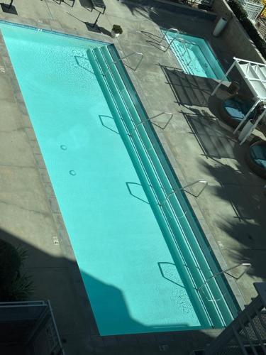 an overhead view of an empty swimming pool at Modern Crypto Luxury Living in Los Angeles