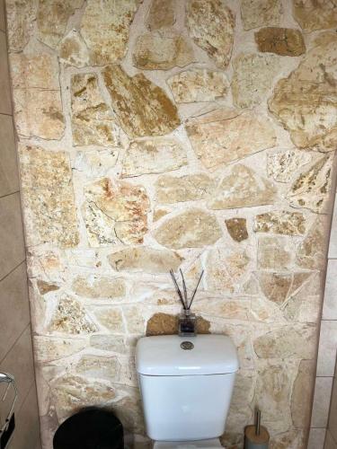 a stone wall behind a toilet in a bathroom at Κτήμα ΓΟΥΡΔΟΎΠΗ Georgιο in Lalióti