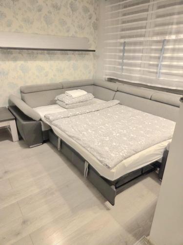 a bed sitting in a room with a window at Apartament COMFORT Centrum 2 in Krotoszyn