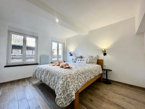 ein Schlafzimmer mit einem Bett und zwei Fenstern in der Unterkunft Graoully Saint Louis in Metz