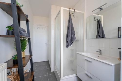 サン・プリエストにあるL'Excellent - Grand Cinema - Grand Marché - Netflixの洗面台と鏡のあるバスルーム