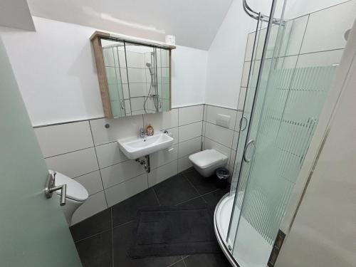 a bathroom with a toilet and a sink and a mirror at Ferienwohnung zur Fröhlichkeit II in Niederdorla