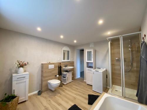 a bathroom with a shower and a toilet and a sink at Atelier 1a in Cottbus