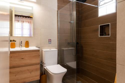 ein Badezimmer mit Toilette und Dusche in der Unterkunft Skiathos Country Studios in Skiathos-Stadt