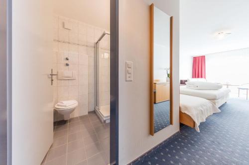 a bathroom with a toilet and a shower in a room at Hotel Höfli in Altdorf
