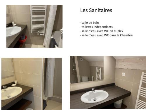 two pictures of a bathroom with a sink and a mirror at Duplex à Gourette 10 personnes, proche pistes, animaux admis - FR-1-860-7 in Gourette
