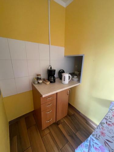 a small kitchen with a counter top in a room at Dom Wiślańskie Wzgórze in Wisła