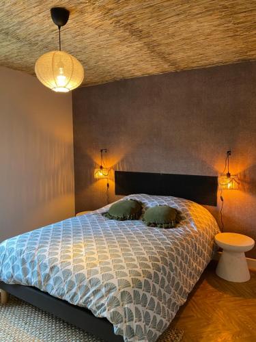 a bedroom with a bed with two pillows on it at Gîte Minimalist indépendant au calme in Commentry