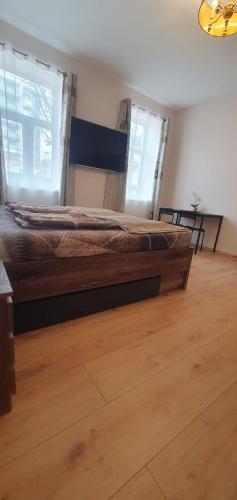 Cette chambre comprend un grand lit et 2 fenêtres. dans l'établissement Comfy & Cozy Studio near Enkplatz U3, à Vienne