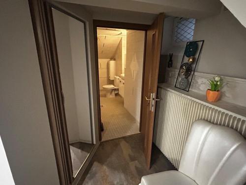 a view of a bathroom with a toilet and a mirror at Appartement in Oberschaeffolsheim
