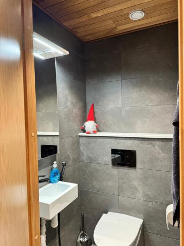 a bathroom with a santa hat sitting on a shelf at Luxury apartment with private jacuzzi and 2 ski passes in Levi! in Levi