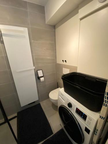 a small bathroom with a toilet and a sink at The Scheveningse Meisjes in Scheveningen